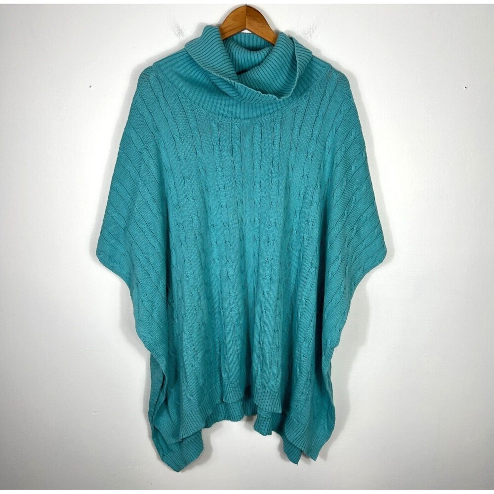 Woman Within Poncho Sweater 2X 3X 4X Blue Aqua Cowl Neck Cable Knit Cotton Cozy